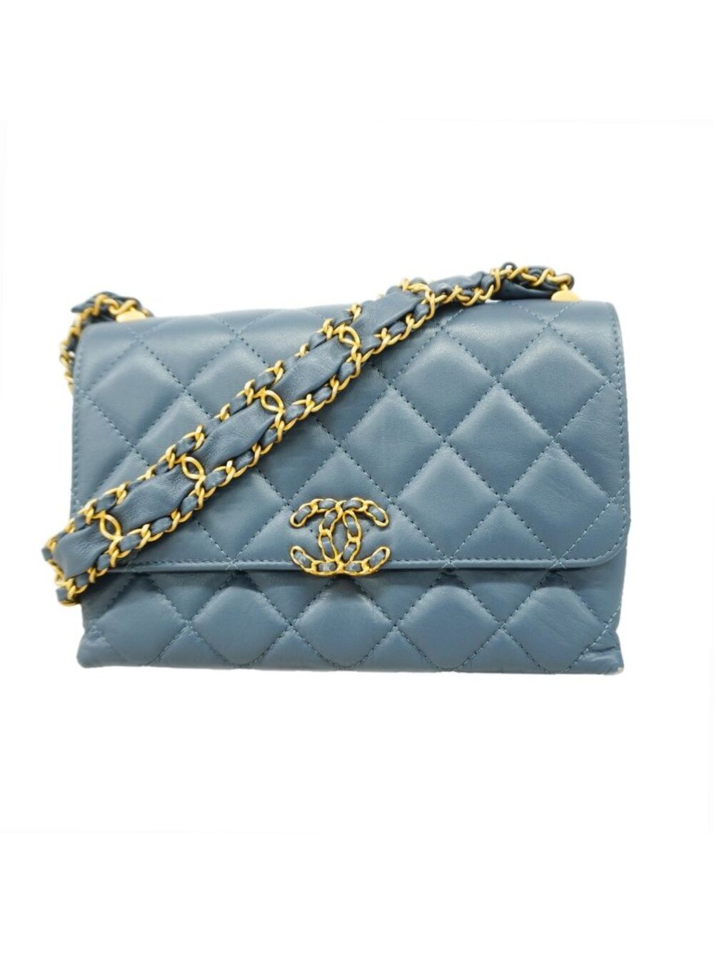 Chanel Shoulder Bag Quilted Chanel 19 Lambskin Blue Gray Gold